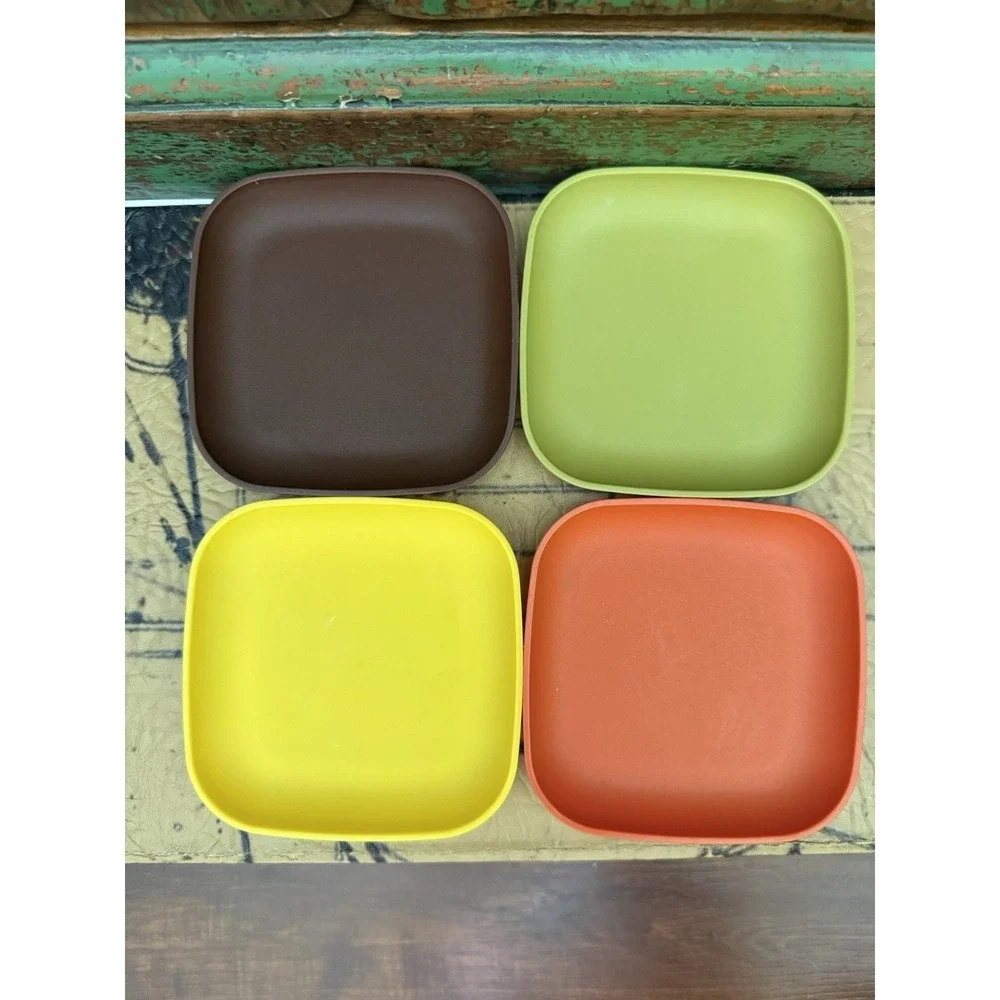 Vintage Tupperware Toys Square Plates w Cups Mini Play set Harvest Colors